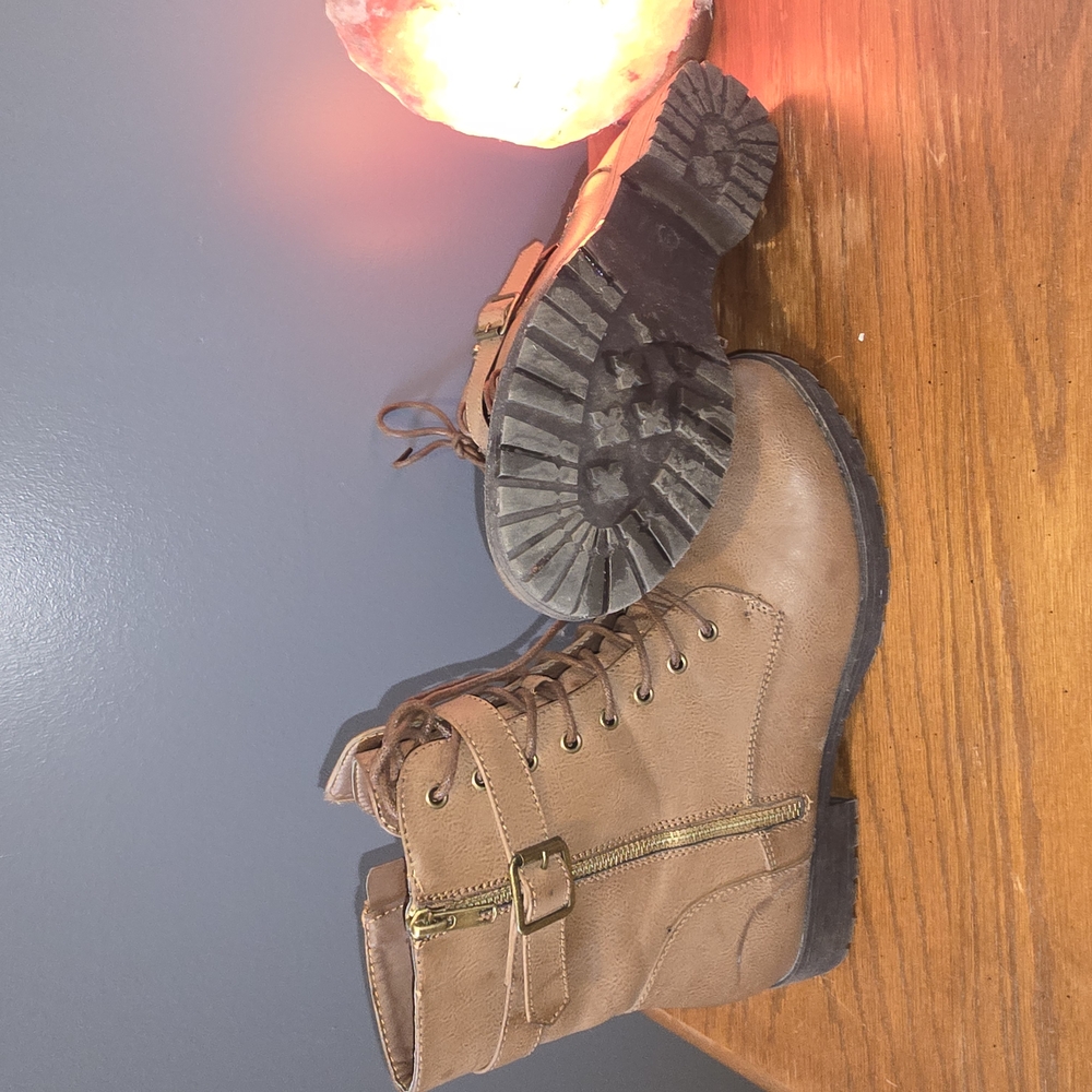 Tan Lace-Up Ankle Boots with Zipper